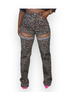 Womens Sexy High Waist Cut Out Thigh Leopard Printed Rhinestones‎